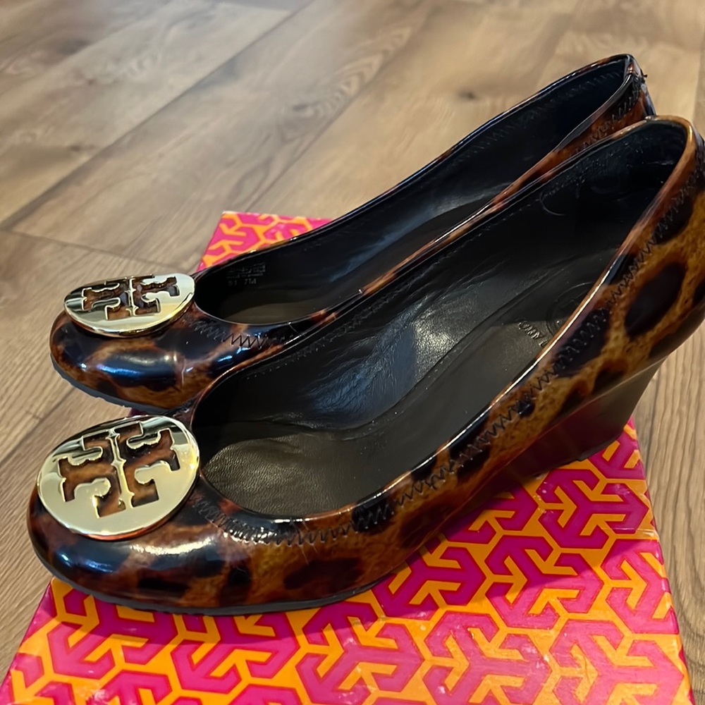 Tory Burch Sally Leopard patent wedge.